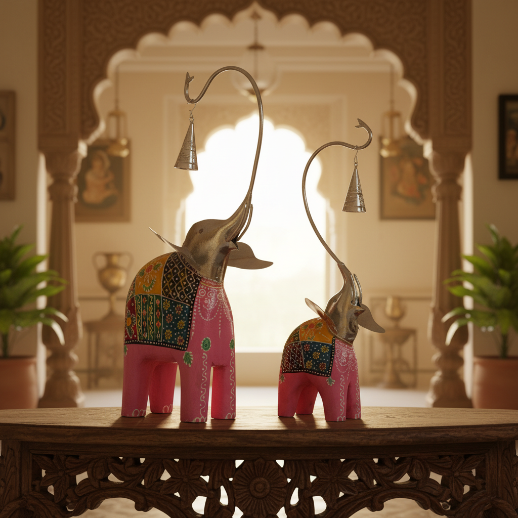 Decorative Handcrafted Elephant Figurine Set with Hanging Bell – Metal & Hand Painted Finish