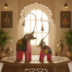 Decorative Handcrafted Elephant Figurine Set with Hanging Bell – Metal & Hand Painted Finish
