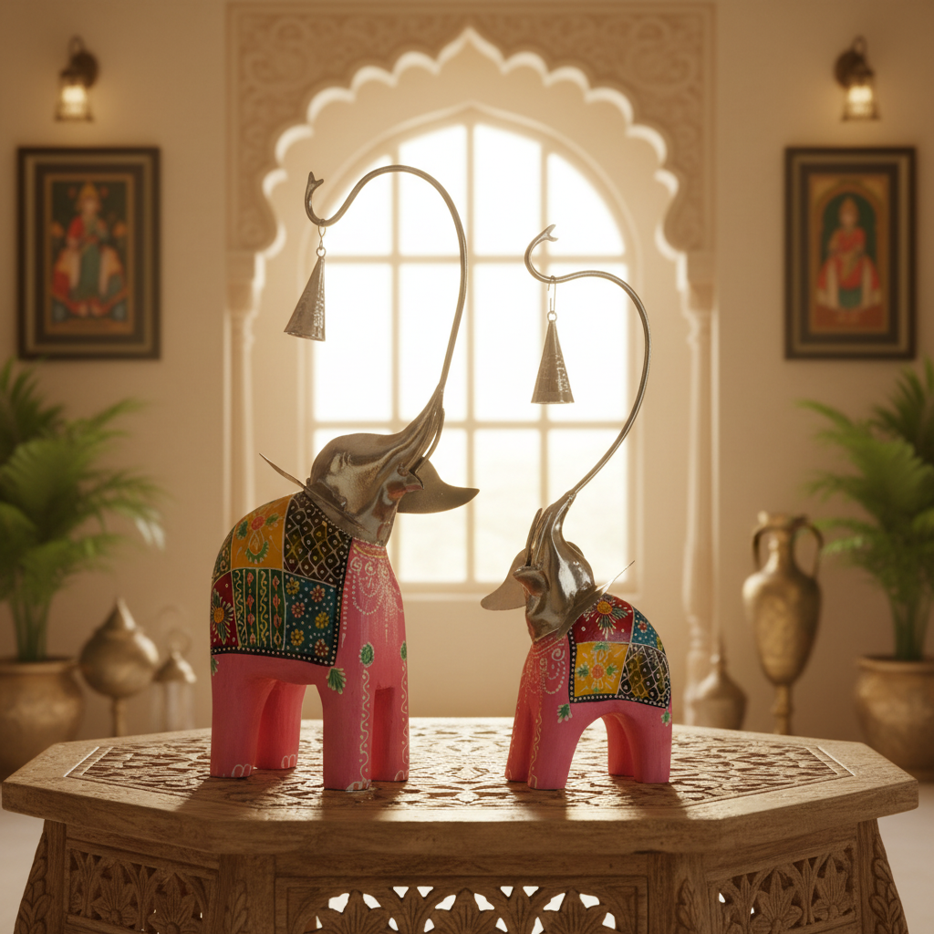 Decorative Handcrafted Elephant Figurine Set with Hanging Bell – Metal & Hand Painted Finish