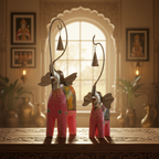Decorative Handcrafted Elephant Figurine Set with Hanging Bell – Metal & Hand Painted Finish