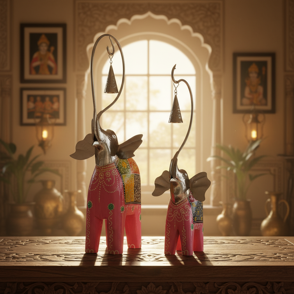Decorative Handcrafted Elephant Figurine Set with Hanging Bell – Metal & Hand Painted Finish