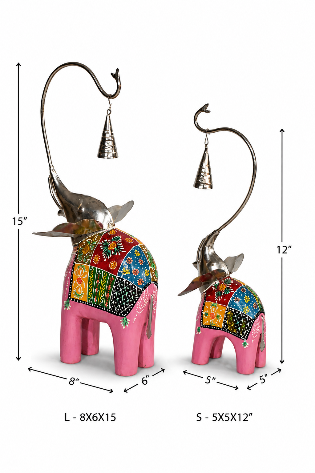 Decorative Handcrafted Elephant Figurine Set with Hanging Bell – Metal & Hand Painted Finish