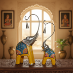 Decorative Handcrafted Elephant Figurine Set with Hanging Bell – Metal & Hand Painted Finish