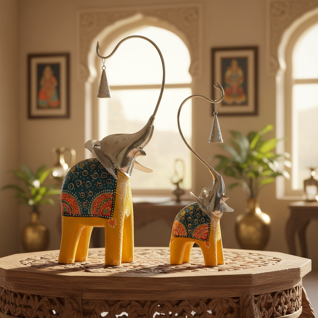 Decorative Handcrafted Elephant Figurine Set with Hanging Bell – Metal & Hand Painted Finish