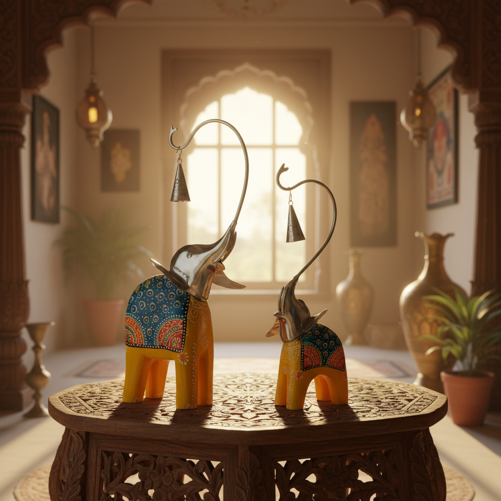 Decorative Handcrafted Elephant Figurine Set with Hanging Bell – Metal & Hand Painted Finish