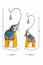 Decorative Handcrafted Elephant Figurine Set with Hanging Bell – Metal & Hand Painted Finish