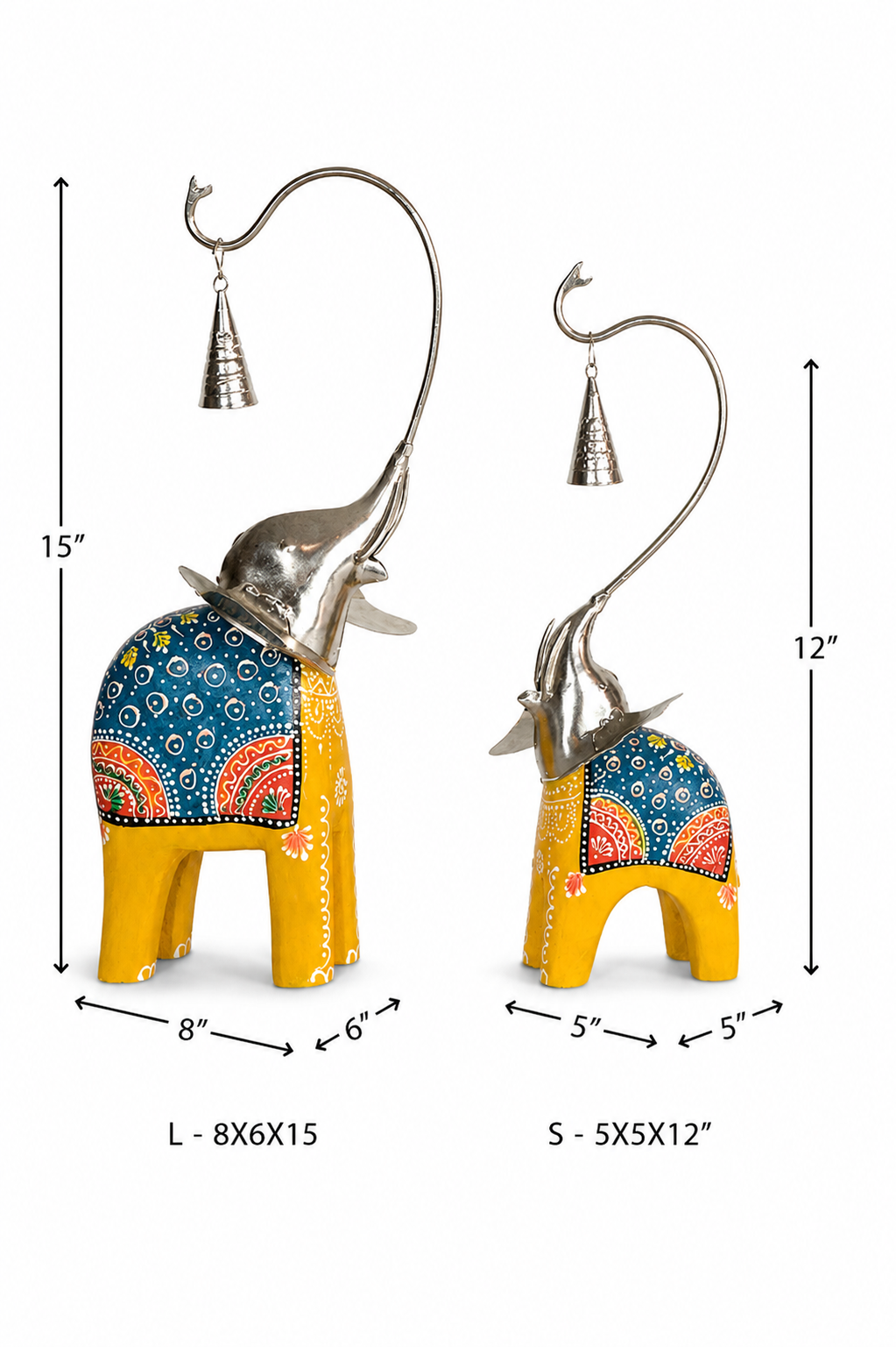 Decorative Handcrafted Elephant Figurine Set with Hanging Bell – Metal & Hand Painted Finish