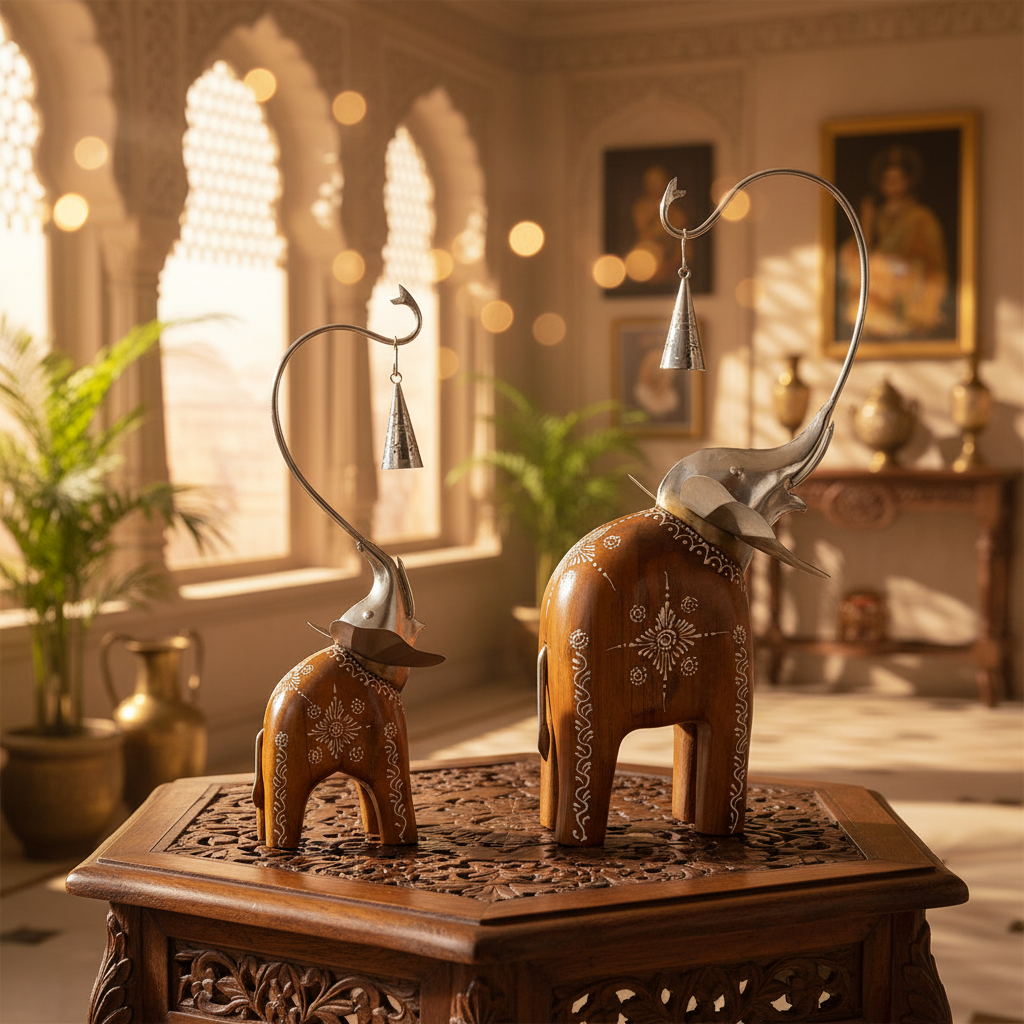 Decorative Handcrafted Elephant Figurine Set with Hanging Bell – Metal & Hand Painted Finish
