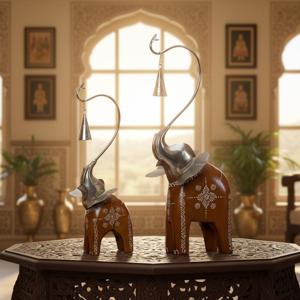 Decorative Handcrafted Elephant Figurine Set with Hanging Bell – Metal & Hand Painted Finish