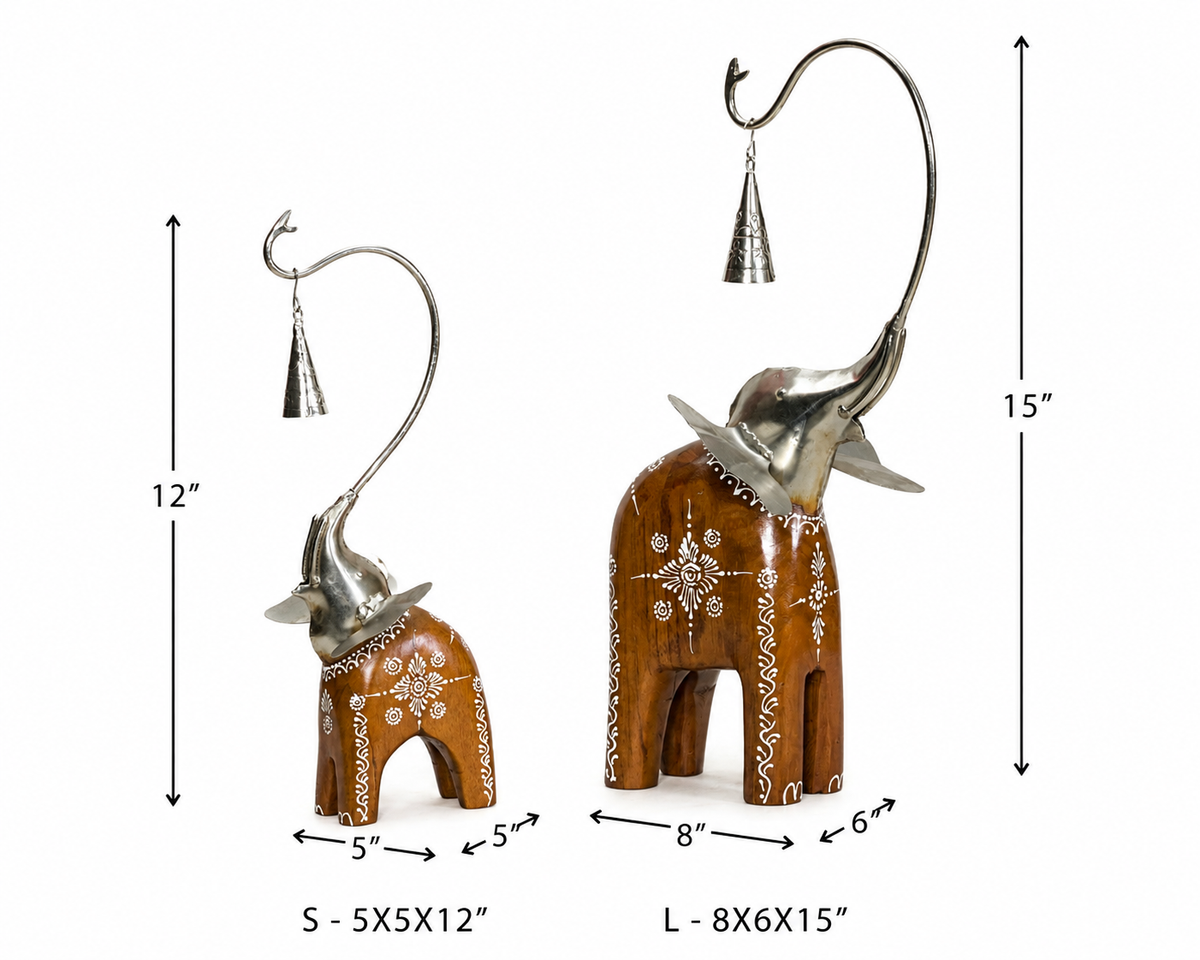 Decorative Handcrafted Elephant Figurine Set with Hanging Bell – Metal & Hand Painted Finish