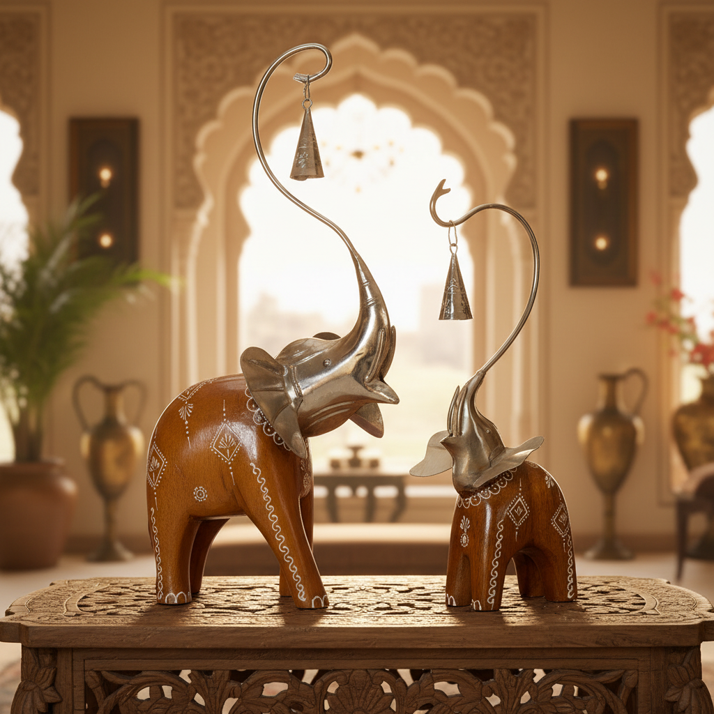 Decorative Handcrafted Elephant Figurine Set with Hanging Bell – Metal & Hand Painted Finish
