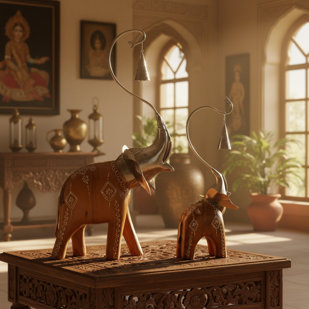 Decorative Handcrafted Elephant Figurine Set with Hanging Bell – Metal & Hand Painted Finish