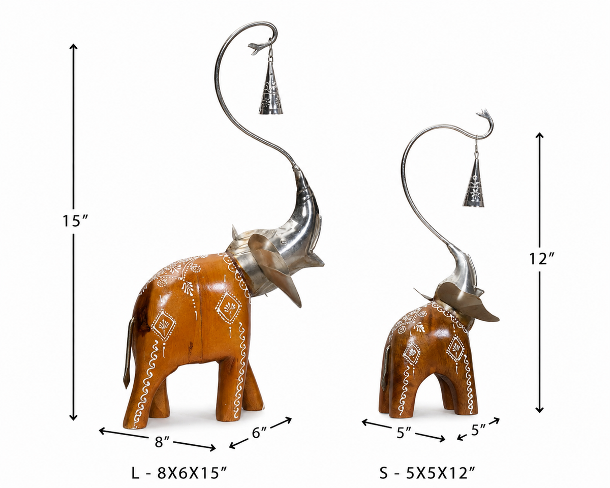 Decorative Handcrafted Elephant Figurine Set with Hanging Bell – Metal & Hand Painted Finish