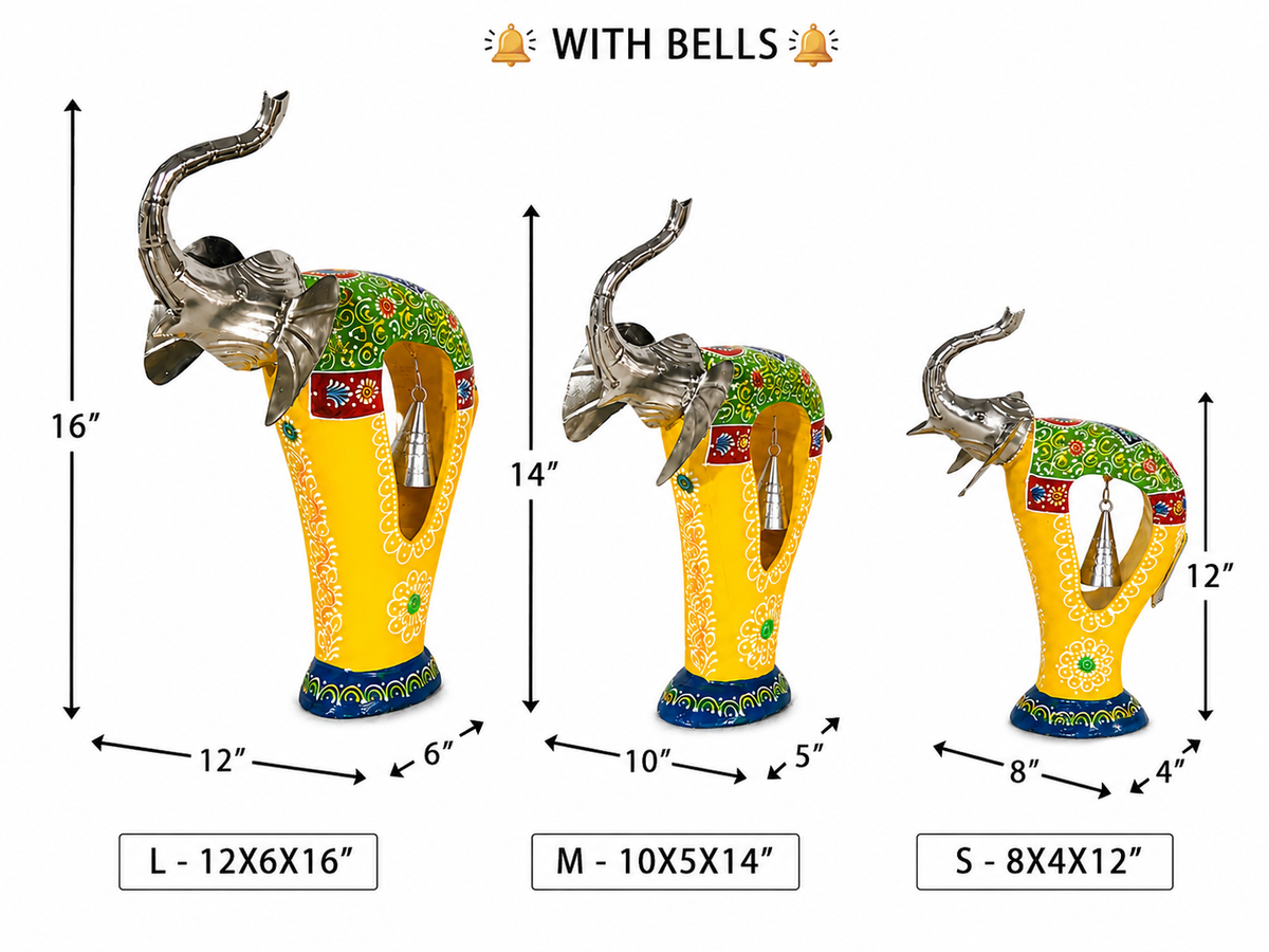 Decorative Handcrafted Elephant Figurine Set with Bell Accent – Metal & Hand Painted Finish
