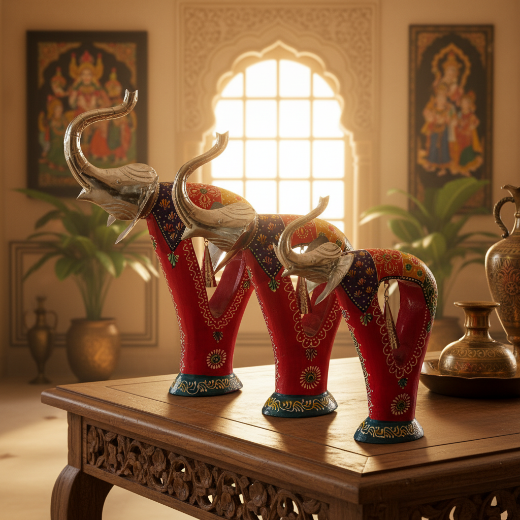 Decorative Handcrafted Elephant Figurine Set with Bell Accent – Metal & Hand Painted Finish
