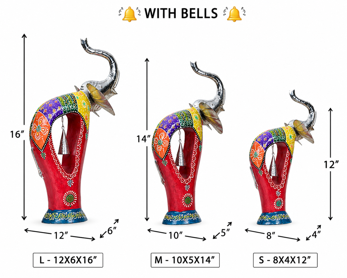 Decorative Handcrafted Elephant Figurine Set with Bell Accent – Metal & Hand Painted Finish