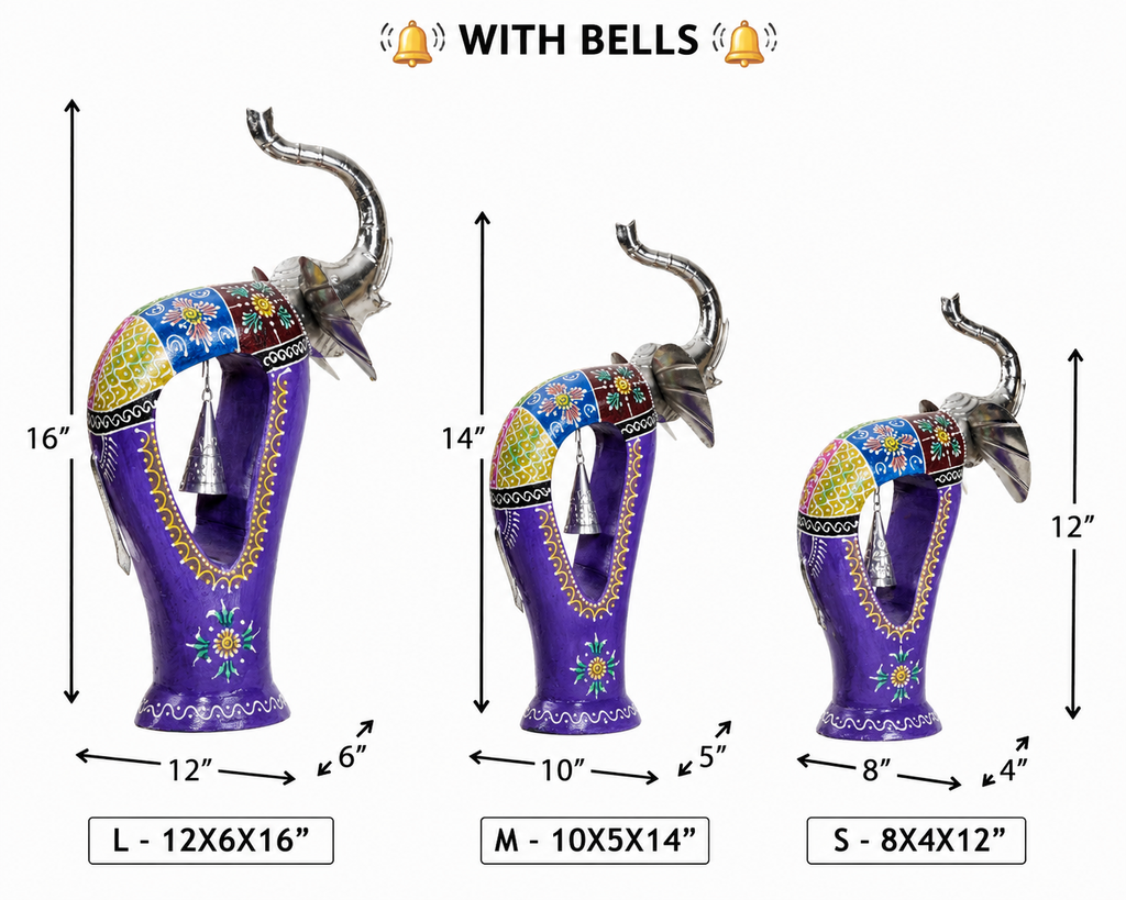 Decorative Handcrafted Elephant Figurine Set with Bell Accent – Metal & Hand Painted Finish