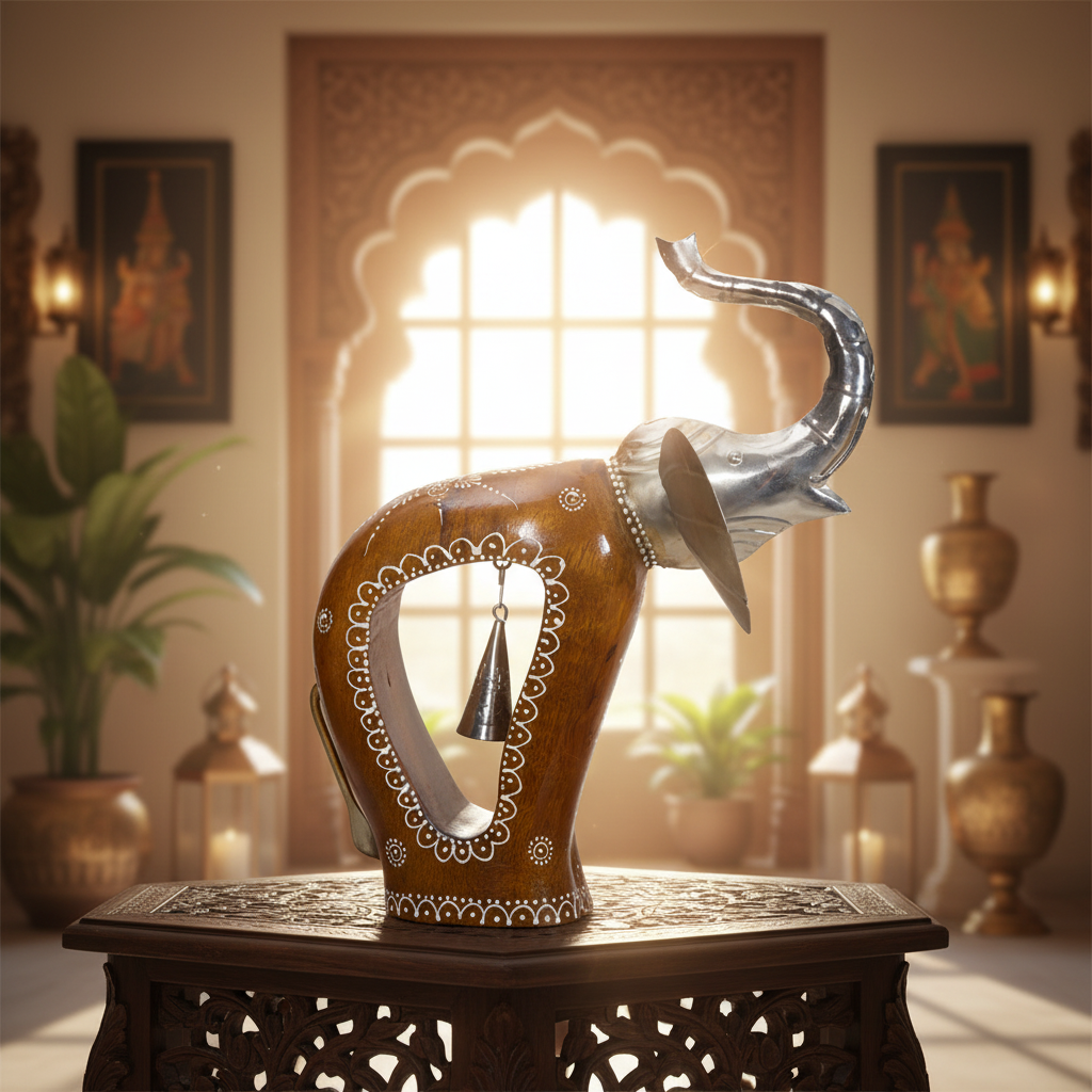 Decorative Handcrafted Elephant Figurine Set with Bell Accent – Metal & Hand Painted Finish