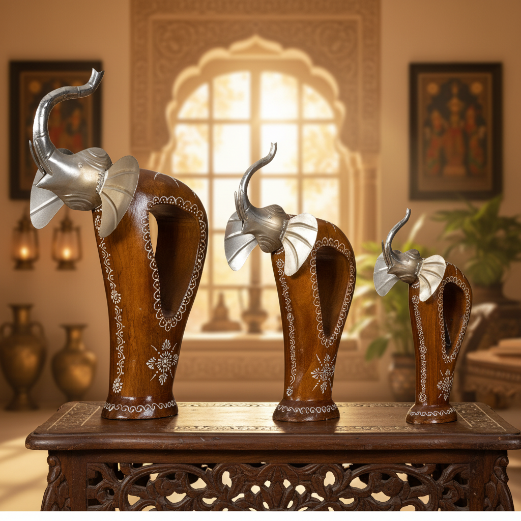 Decorative Handcrafted Elephant Figurine Set with Bell Accent – Metal & Hand Painted Finish