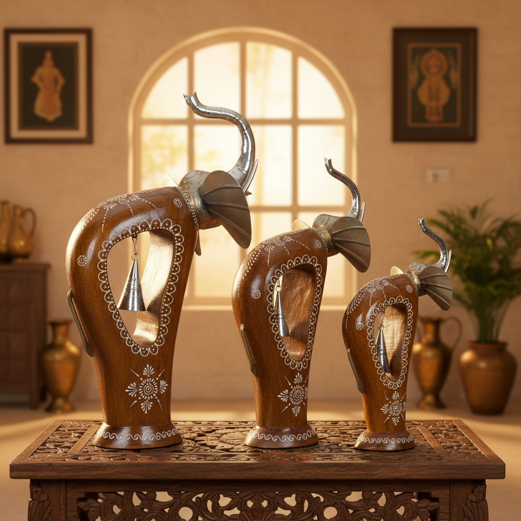 Decorative Handcrafted Elephant Figurine Set with Bell Accent – Metal & Hand Painted Finish