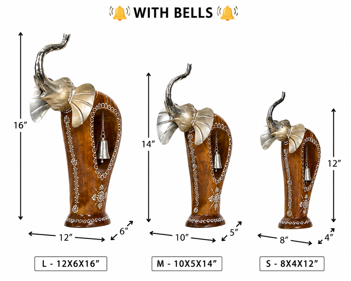 Decorative Handcrafted Elephant Figurine Set with Bell Accent – Metal & Hand Painted Finish