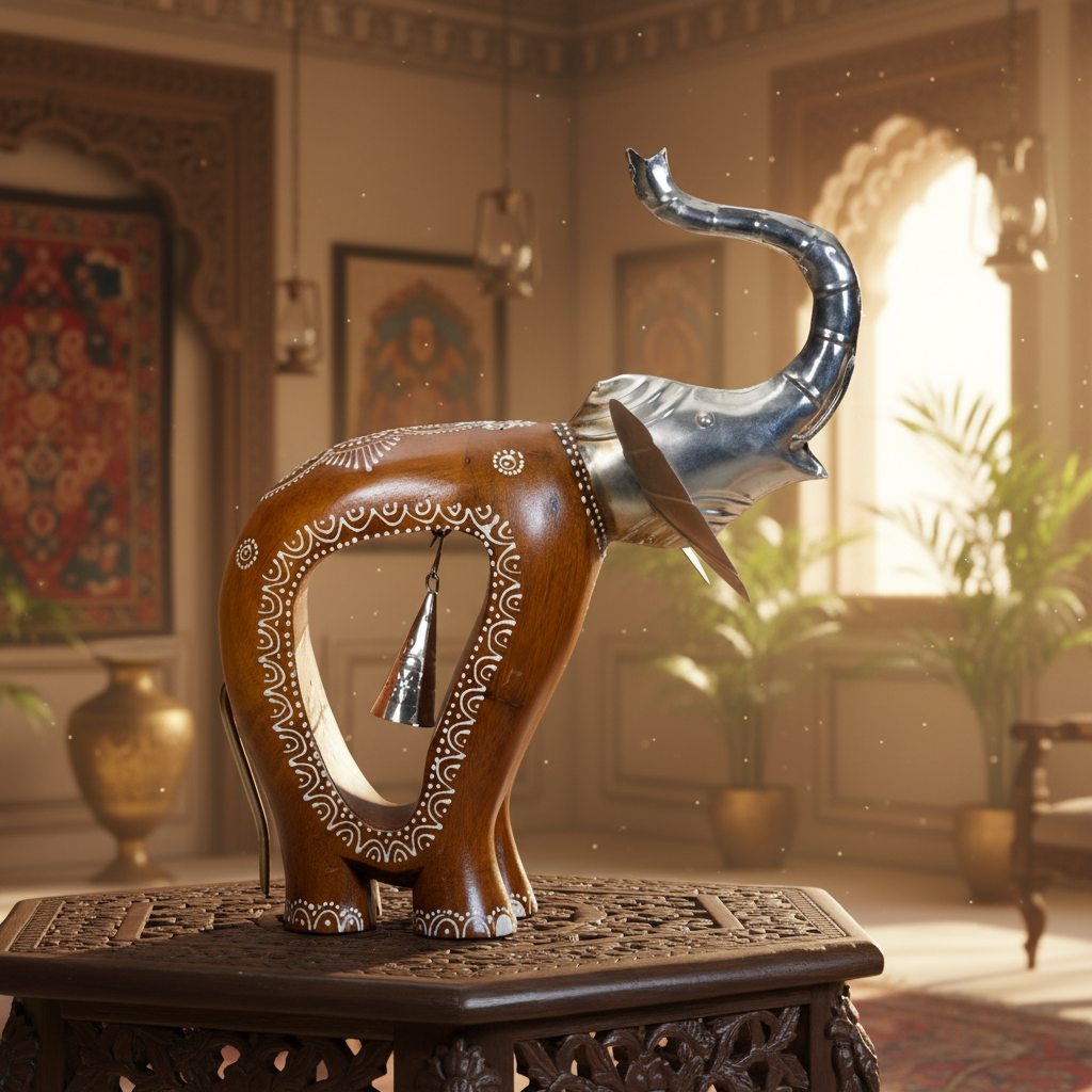 Decorative Handcrafted Elephant Figurine Set with Bell Accent – Metal & Hand Painted Finish