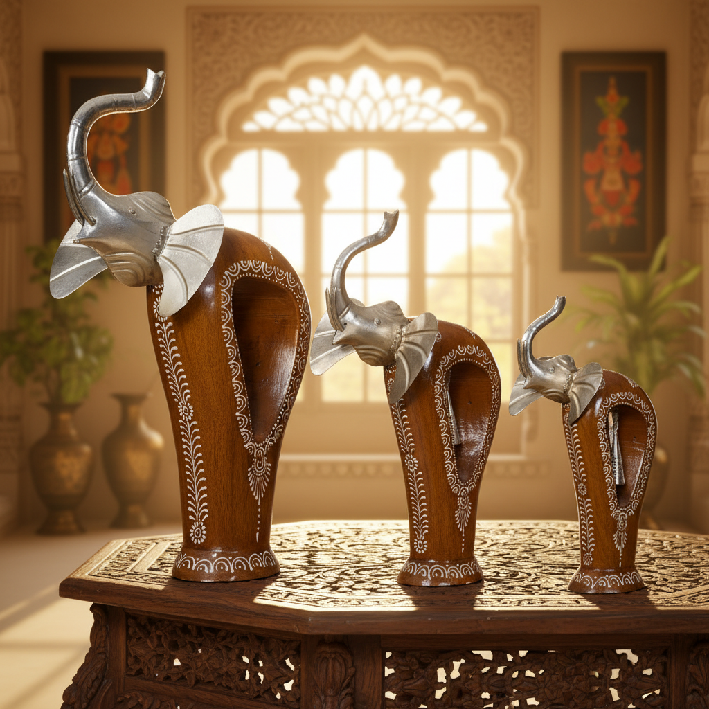 Decorative Handcrafted Elephant Figurine Set with Bell Accent – Metal & Hand Painted Finish