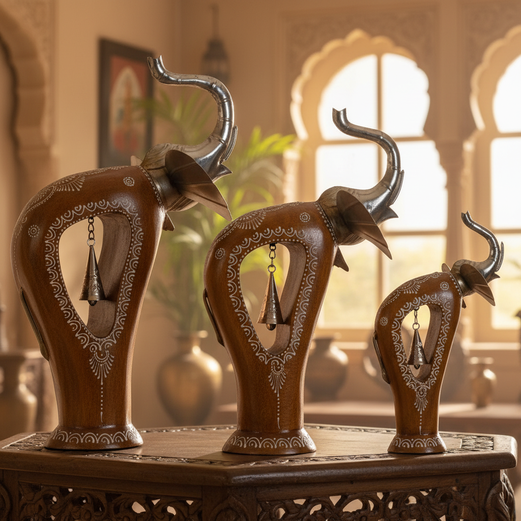 Decorative Handcrafted Elephant Figurine Set with Bell Accent – Metal & Hand Painted Finish