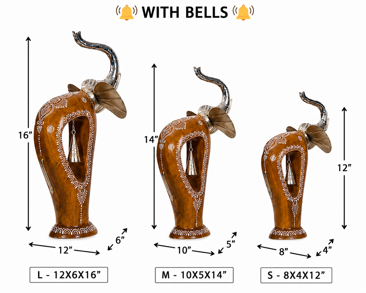 Decorative Handcrafted Elephant Figurine Set with Bell Accent – Metal & Hand Painted Finish