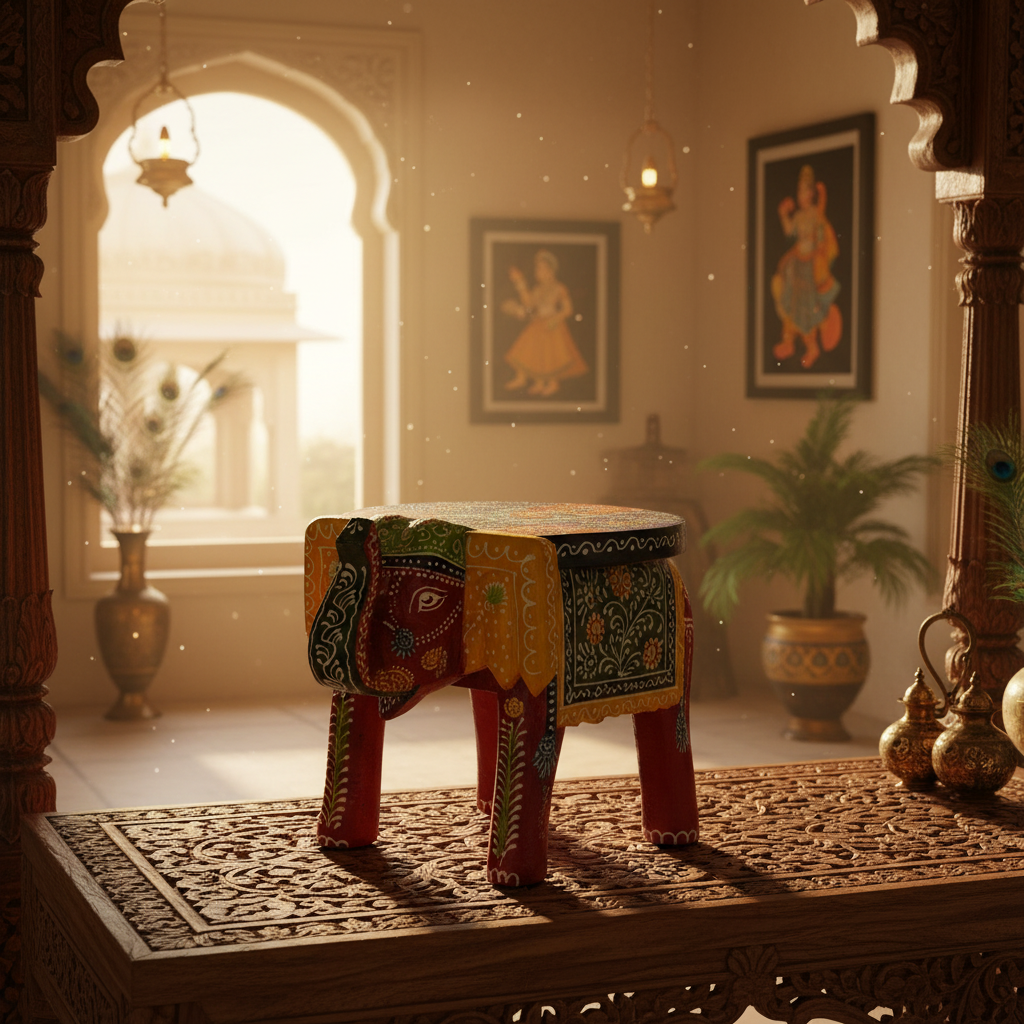 Handcrafted Wooden Elephant Stool – Traditional Hand-Painted Decorative Accent Table