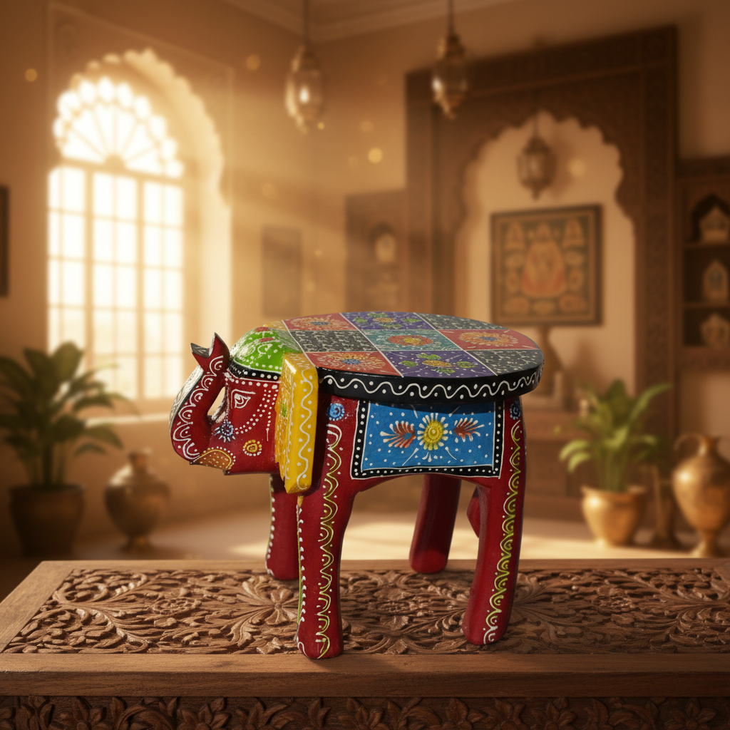 Handcrafted Wooden Elephant Stool – Traditional Hand-Painted Decorative Accent Table
