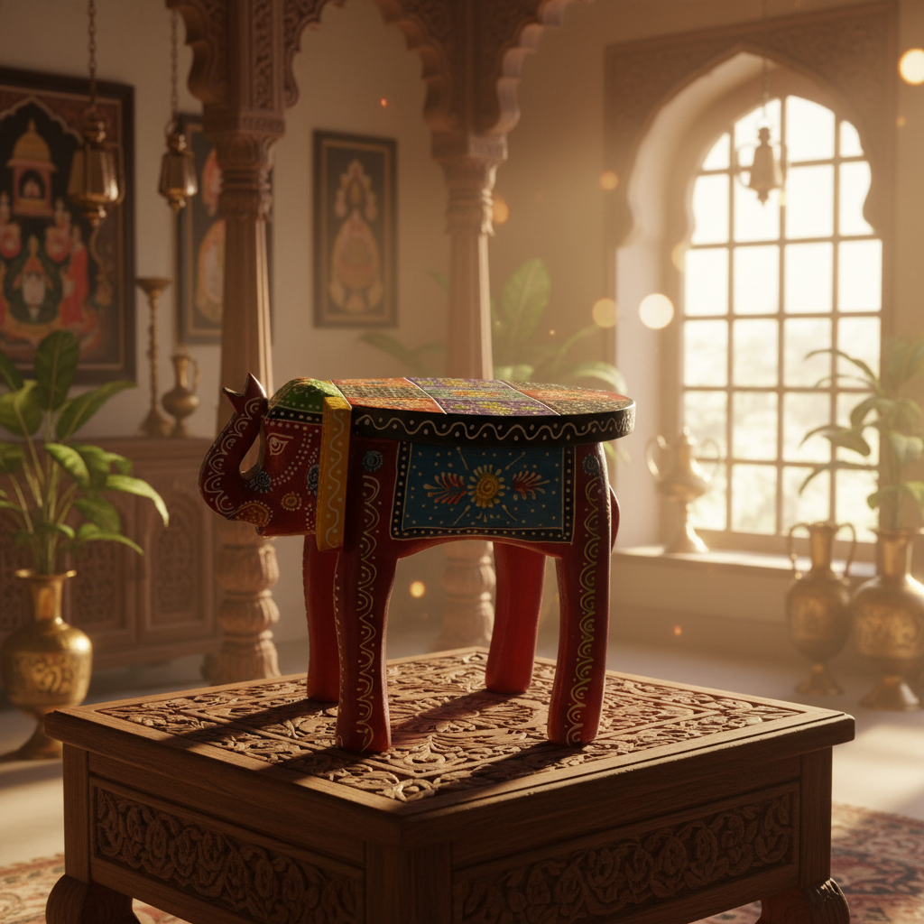 Handcrafted Wooden Elephant Stool – Traditional Hand-Painted Decorative Accent Table