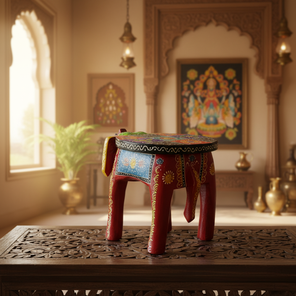 Handcrafted Wooden Elephant Stool – Traditional Hand-Painted Decorative Accent Table
