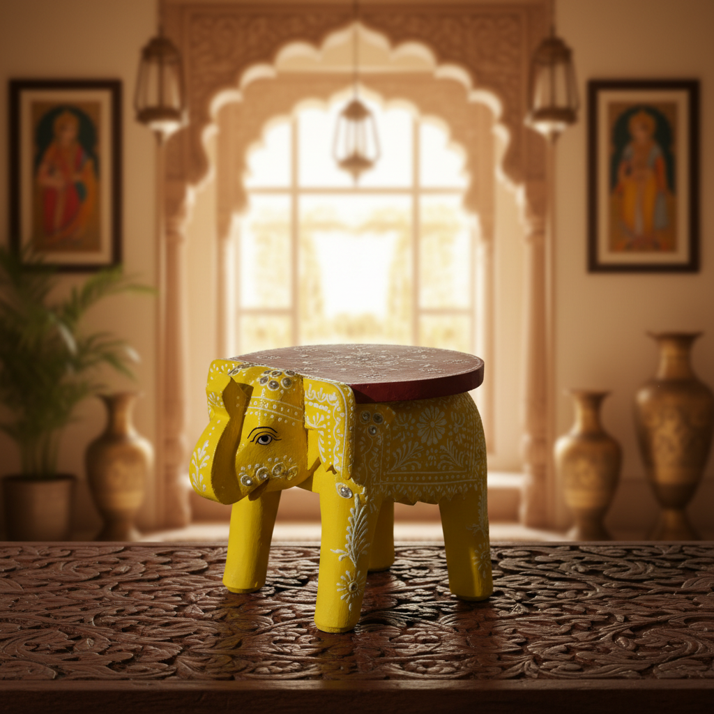 Handcrafted Wooden Elephant Stool – Traditional Hand-Painted Decorative Accent Table