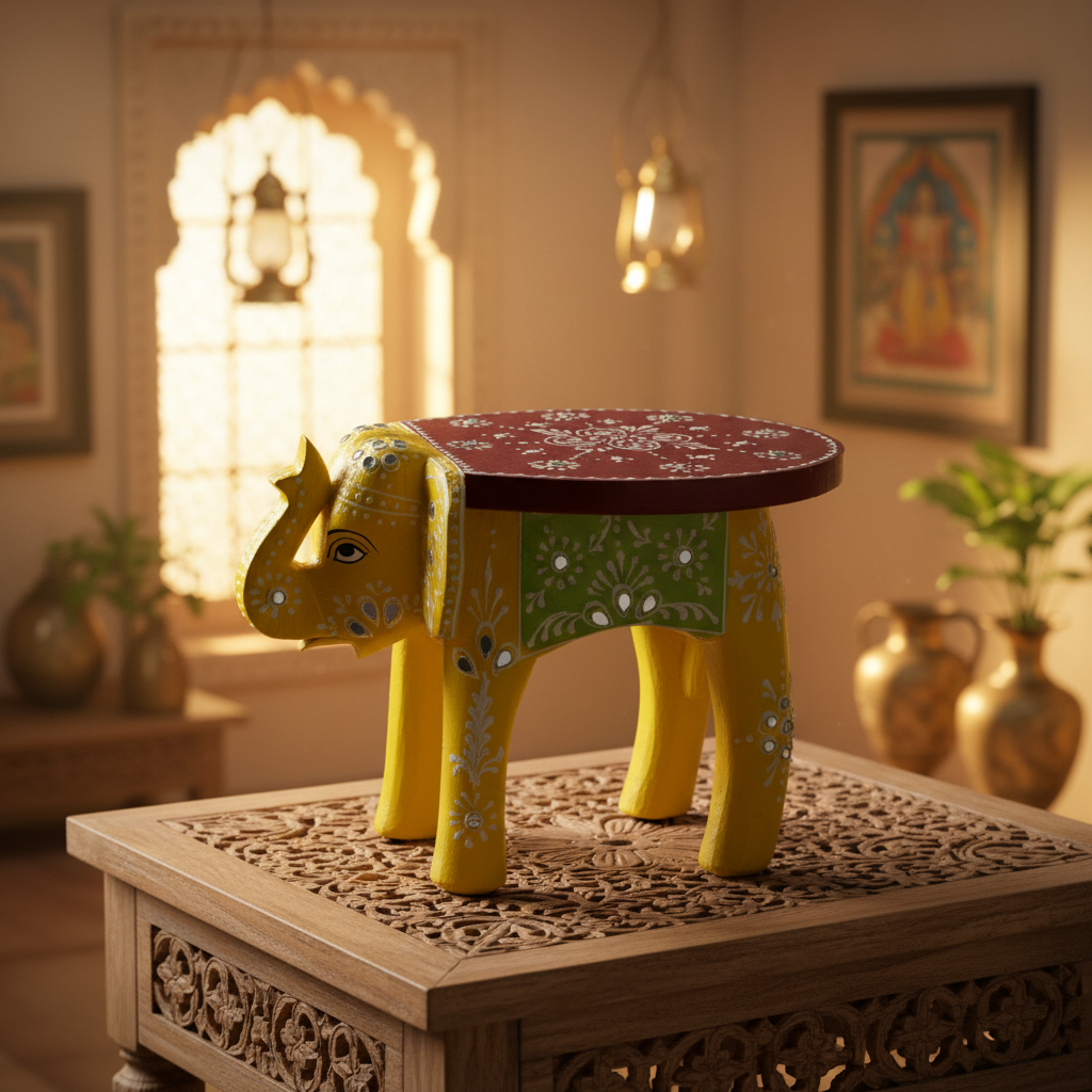 Handcrafted Wooden Elephant Stool – Traditional Hand-Painted Decorative Accent Table