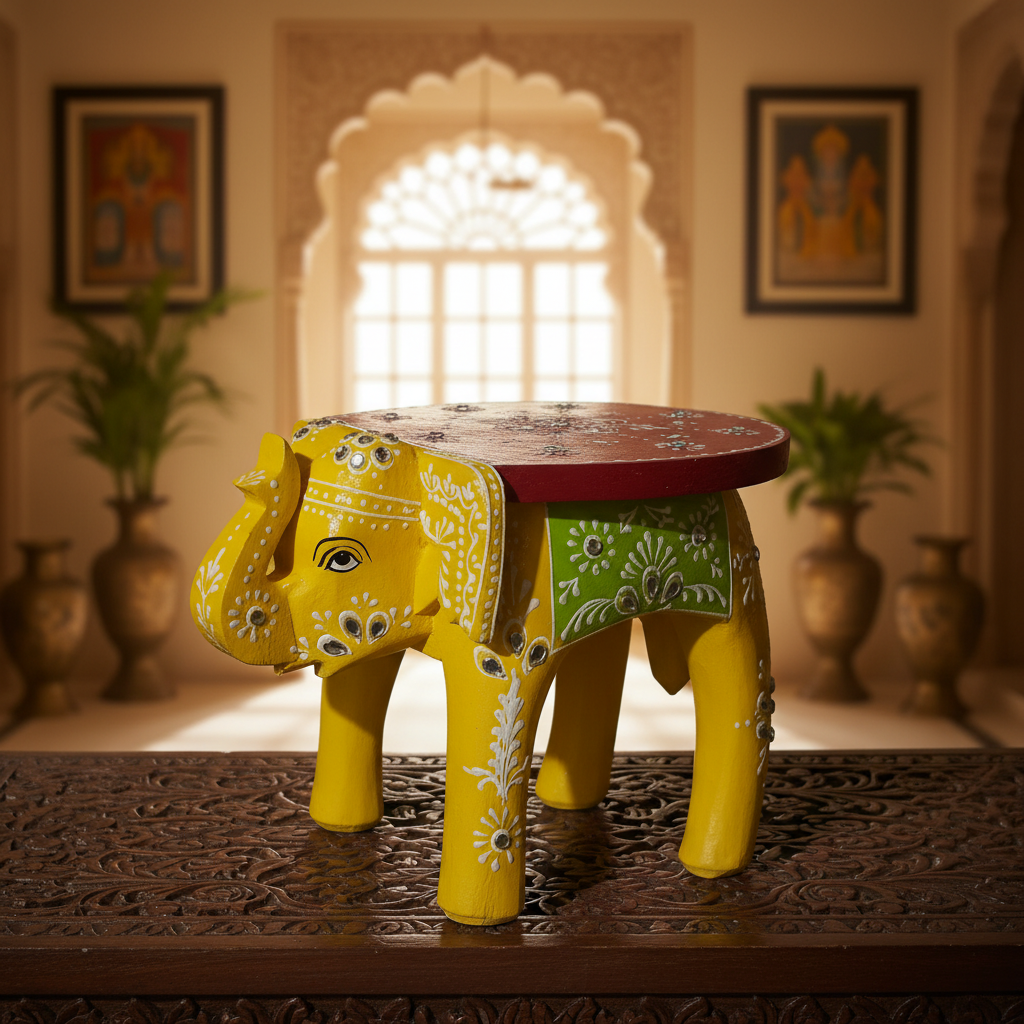 Handcrafted Wooden Elephant Stool – Traditional Hand-Painted Decorative Accent Table