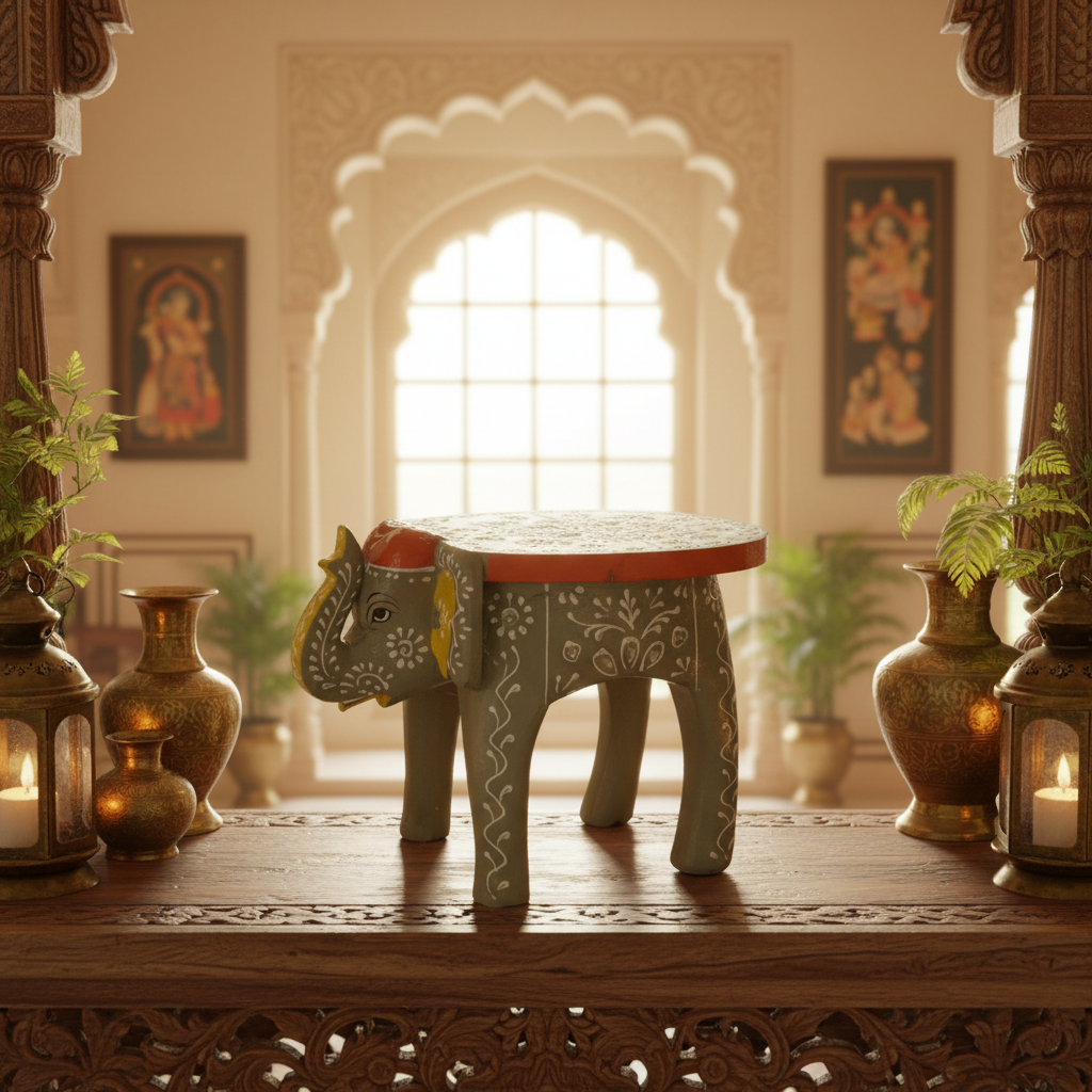 Handcrafted Wooden Elephant Stool – Traditional Hand-Painted Decorative Accent Table