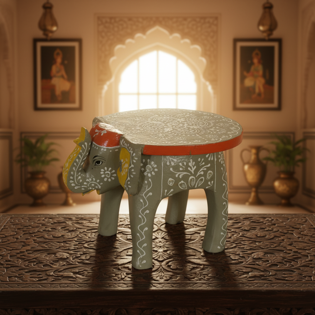 Handcrafted Wooden Elephant Stool – Traditional Hand-Painted Decorative Accent Table