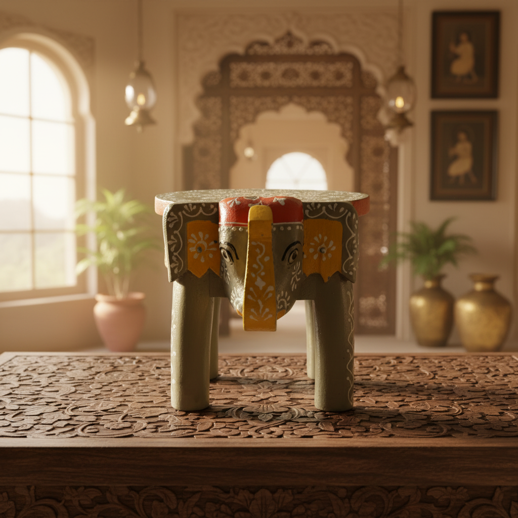 Handcrafted Wooden Elephant Stool – Traditional Hand-Painted Decorative Accent Table