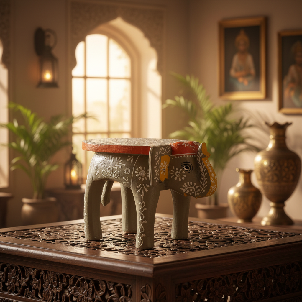 Handcrafted Wooden Elephant Stool – Traditional Hand-Painted Decorative Accent Table