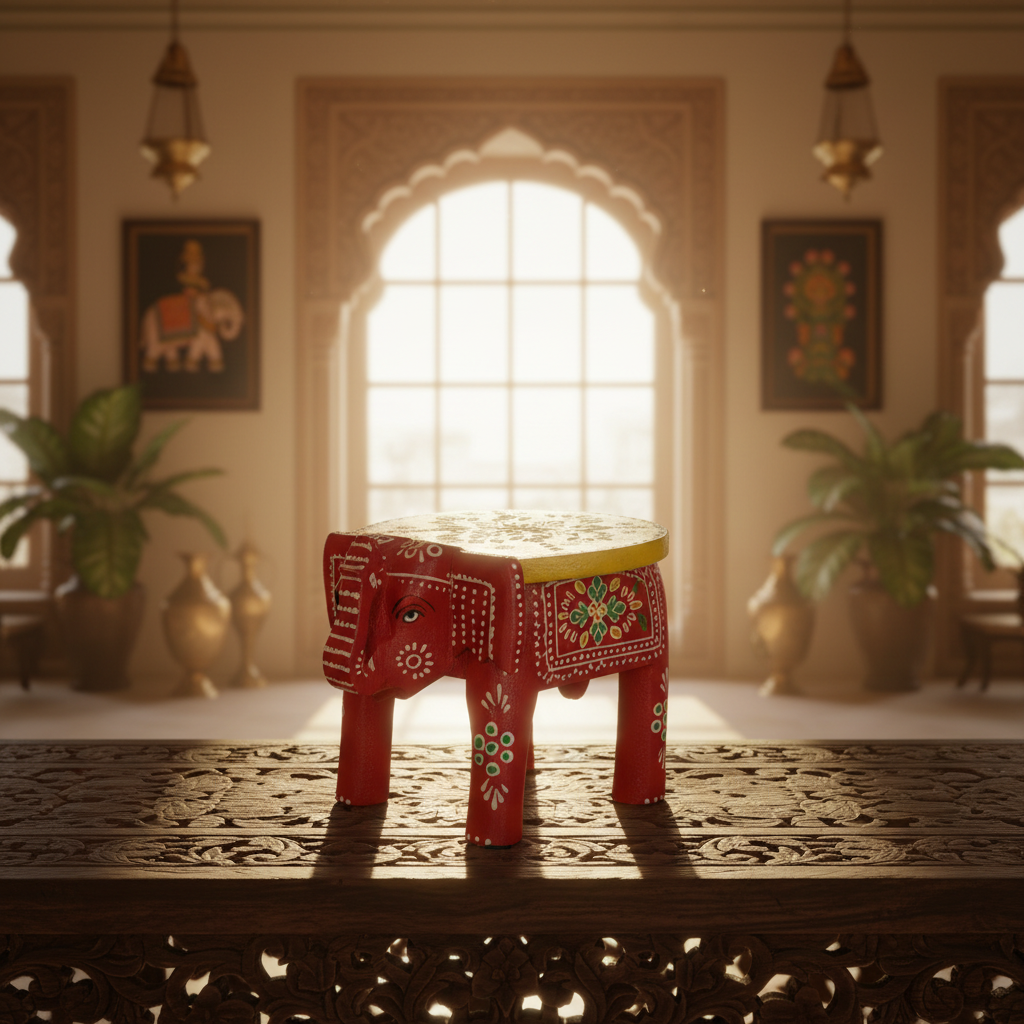 Handcrafted Wooden Elephant Stool – Traditional Hand-Painted Decorative Accent Table