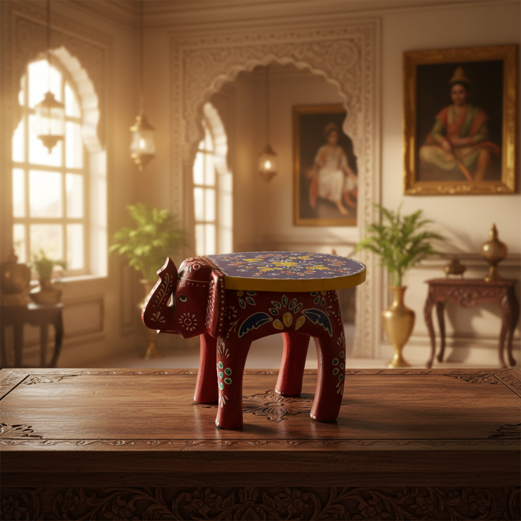 Handcrafted Wooden Elephant Stool – Traditional Hand-Painted Decorative Accent Table