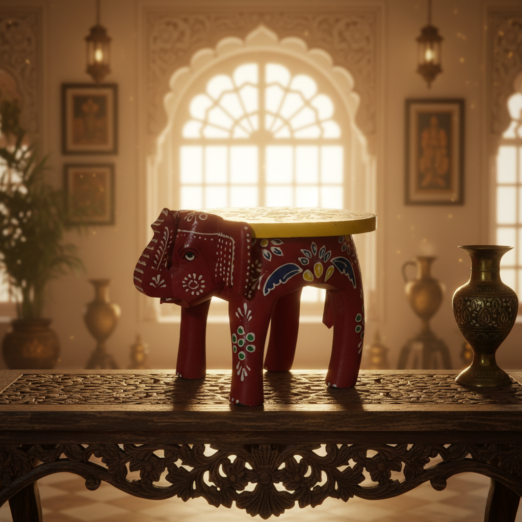 Handcrafted Wooden Elephant Stool – Traditional Hand-Painted Decorative Accent Table