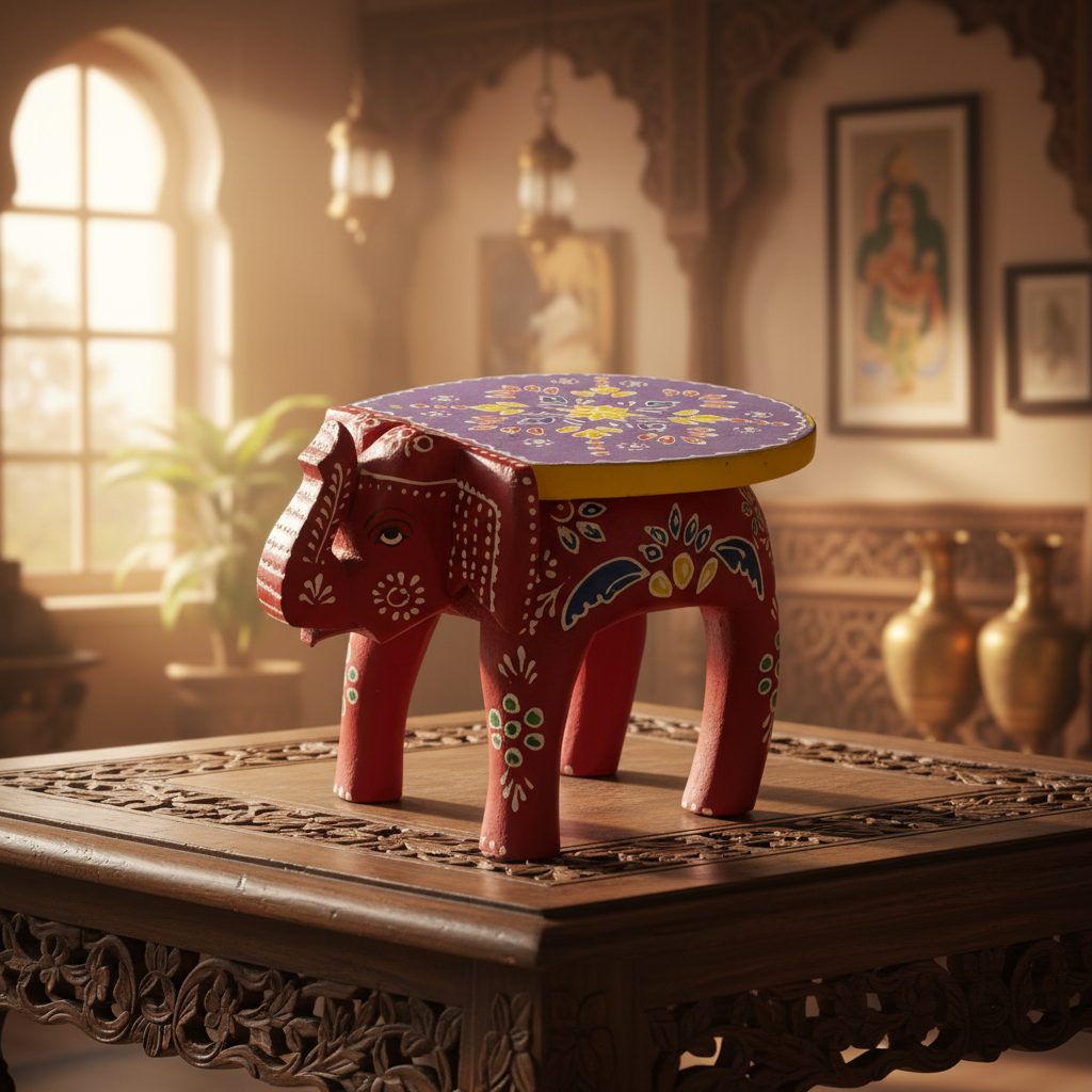 Handcrafted Wooden Elephant Stool – Traditional Hand-Painted Decorative Accent Table
