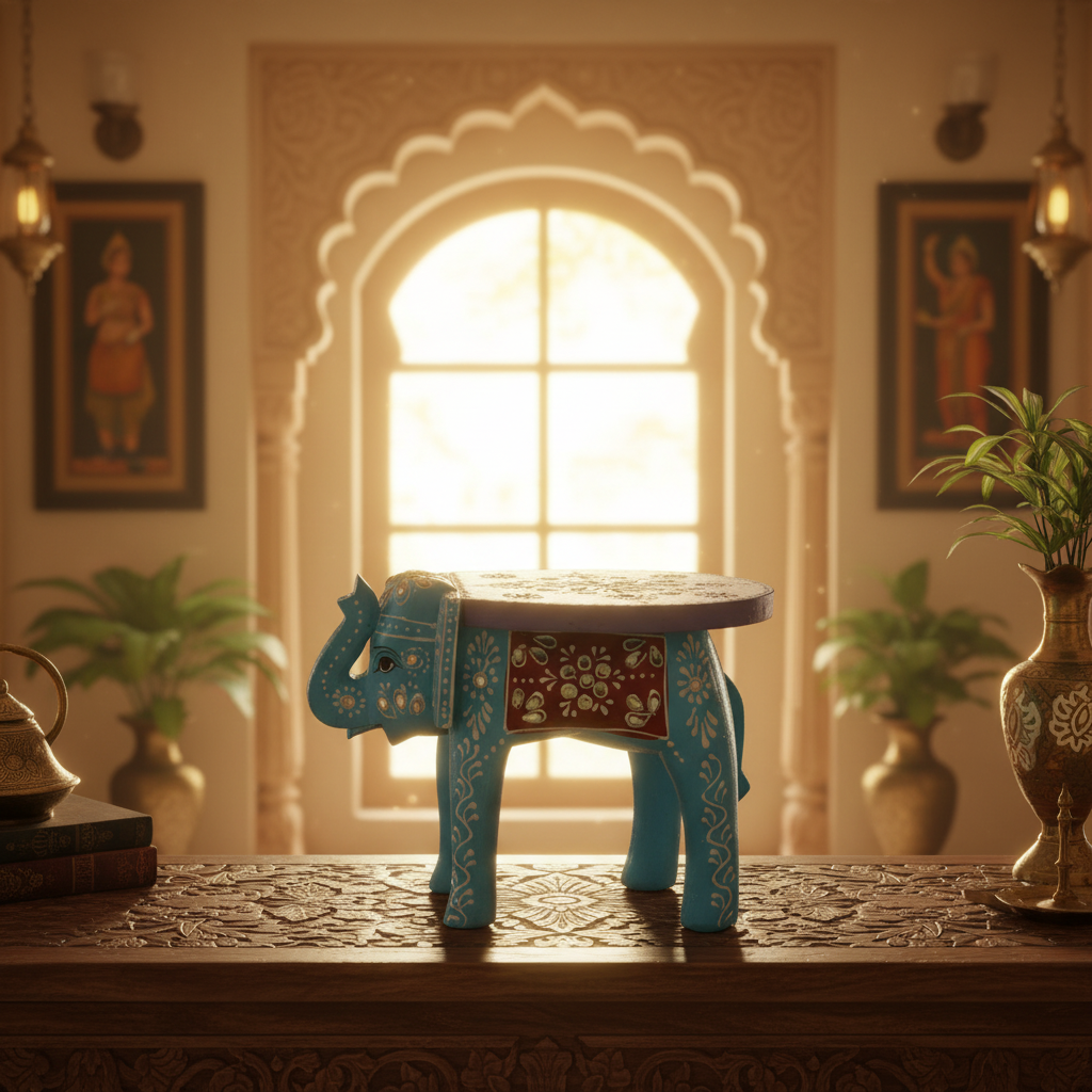 Handcrafted Wooden Elephant Stool – Traditional Hand-Painted Decorative Accent Table