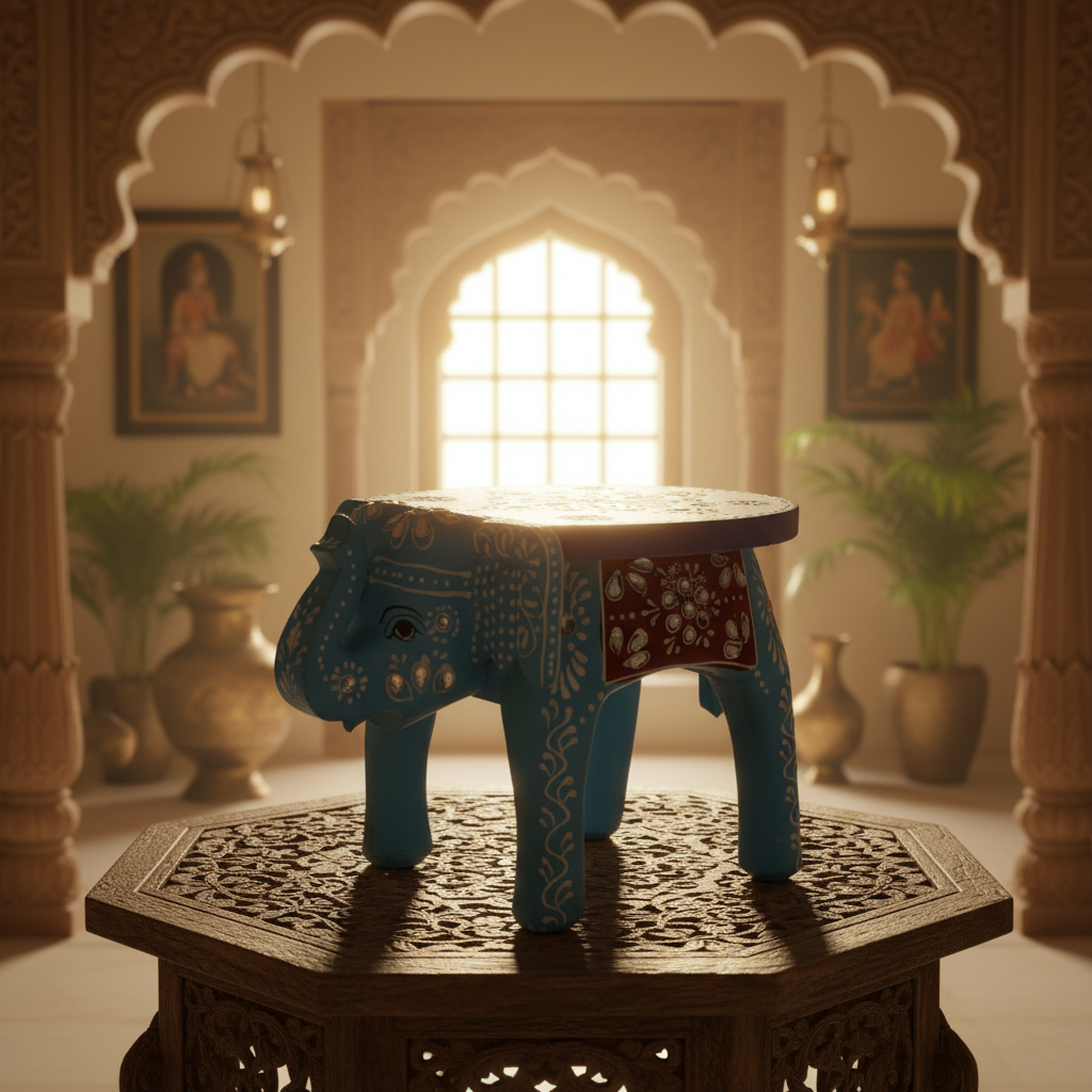 Handcrafted Wooden Elephant Stool – Traditional Hand-Painted Decorative Accent Table