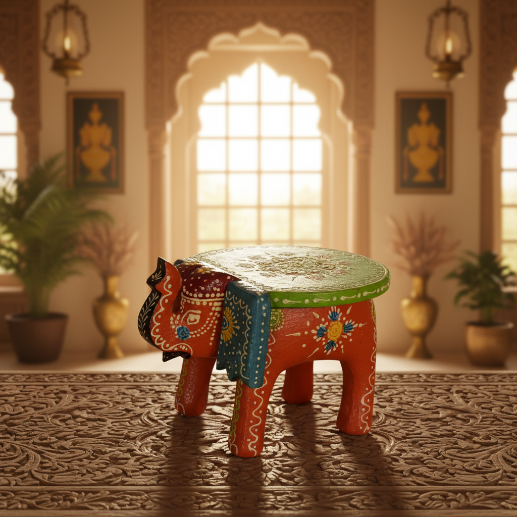 Handcrafted Wooden Elephant Stool – Traditional Hand-Painted Decorative Accent Table