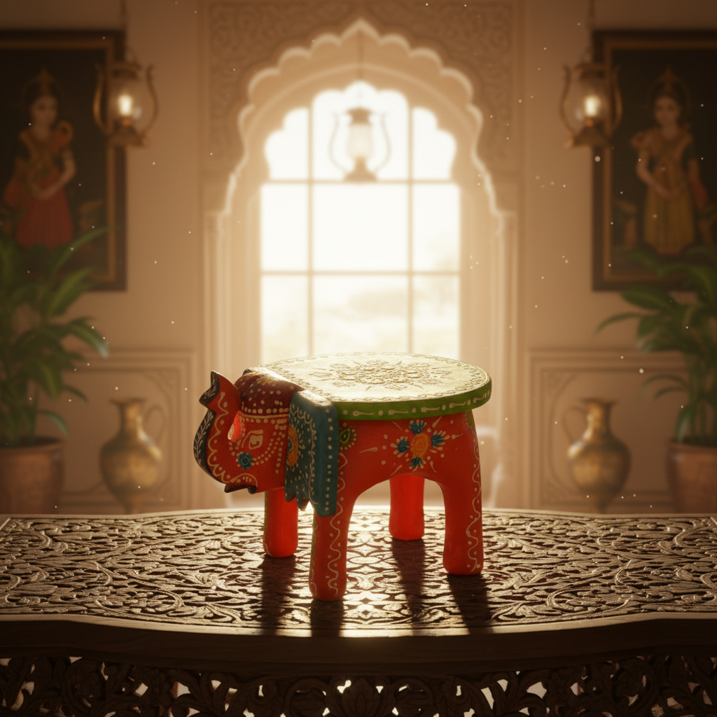 Handcrafted Wooden Elephant Stool – Traditional Hand-Painted Decorative Accent Table