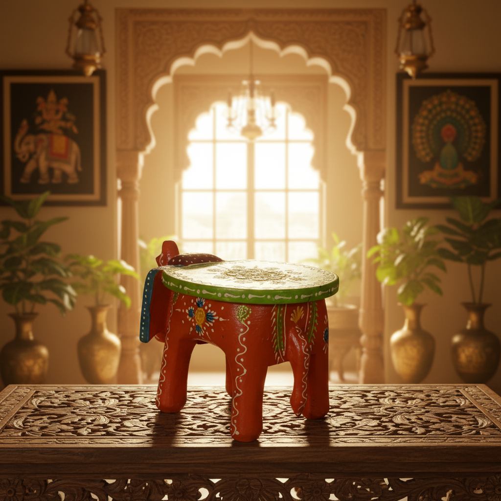 Handcrafted Wooden Elephant Stool – Traditional Hand-Painted Decorative Accent Table
