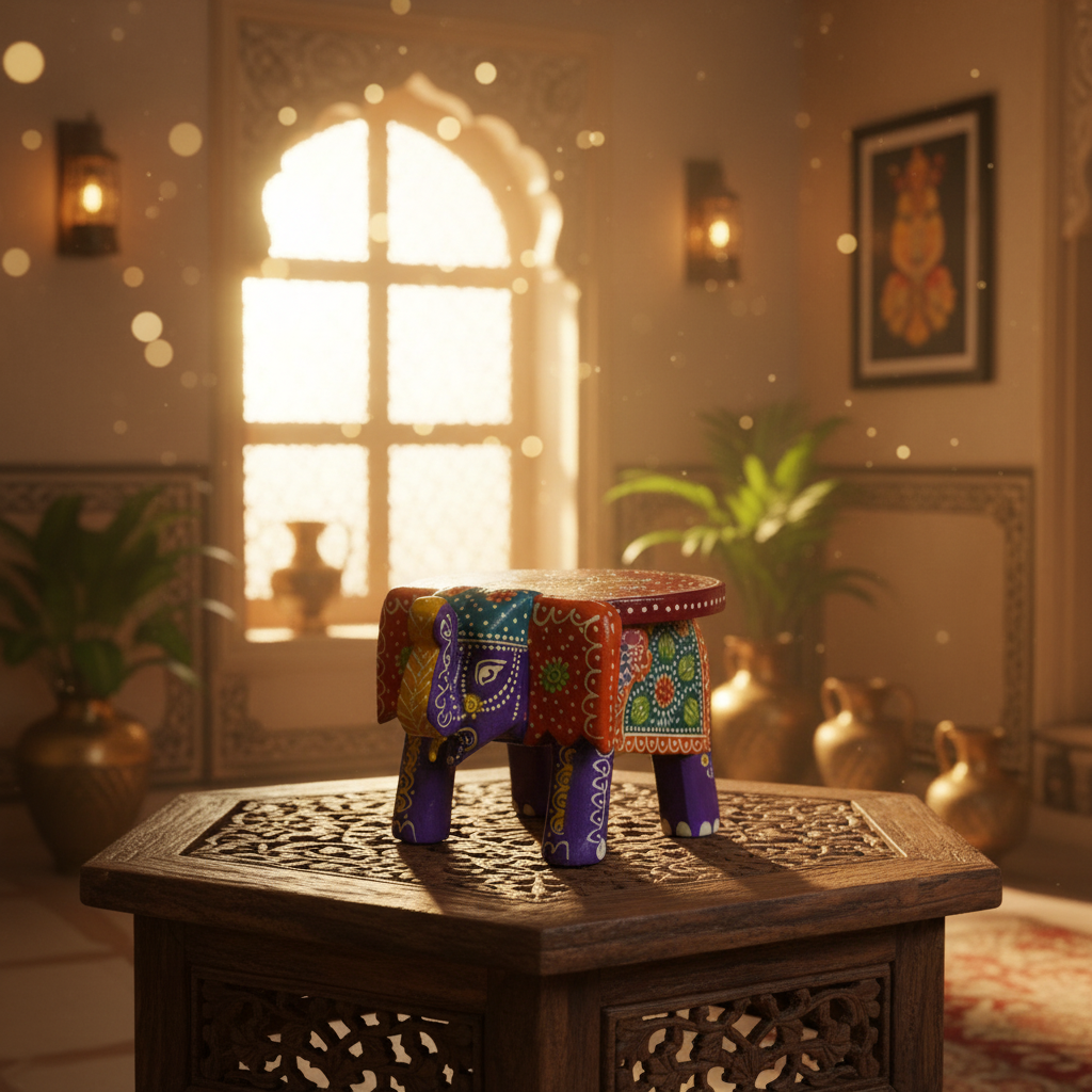 Handcrafted Wooden Elephant Stool – Traditional Hand-Painted Decorative Accent Table
